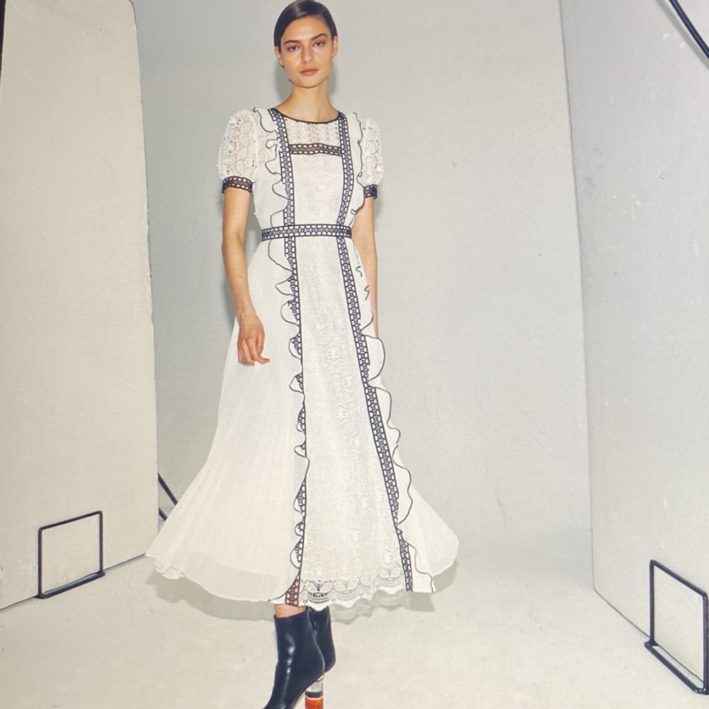 Self Portrait Monochrome lace frilled midi  dress